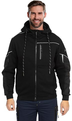 BWOLF Daytona - Giacca da lavoro da uomo, hoodie con cerniera – Felpa con cappuccio, dettagli riflettenti, tasca sul petto e gomiti rinforzati, Nero , XL