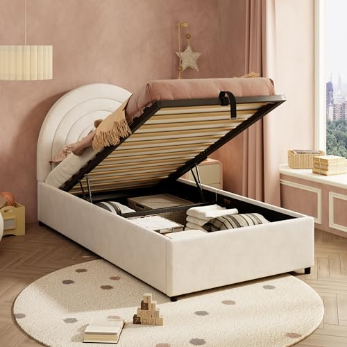 3ft Single Bed Frame, Upholstered Ottoman Bed with Storage, Hydraulic Storage Beds with Velvet Fabric & Sturdy Wooden Slat Support, No Box Spring Needed, Youth Beds for Adults Kids Teenagers, Beige