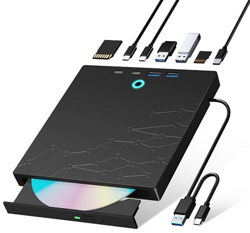 Xadioei External CD/DVD Drive for Laptop, DVD Burner CD Reader for Laptop, 8 in 1 USB 3.0 Portable CD Player with SD/TF Ports, External Drive Optical for MacBook Windows 11 10 PC Linux OS