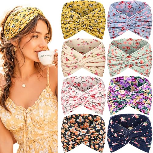 Awumbuk 8 Pezzi Fascia Capelli Donna - 7'' Extra Large Elastico Fasce Capelli Headband Elastico, Boho Multicolore Turbante, per Yoga, Sport, Skincare, Uso Quotidiano Accessori (Blu scuro)