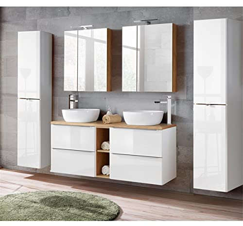 Lomadox Komplett Badmöbel Set mit Doppel-Waschtisch inkl. 2 Keramik-Aufsatzbecken 50cm, Hochglanz weiß & Wotaneiche inkl. LED-Spiegelschrank