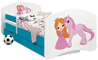 HappyBabies - Doppelseitiges Kinderbett MIT SCHUBLADE Modernes Design mit sicheren Kanten und Absturzsicherung Schaumstoffmatratze 7 cm Blau (Prinzessin und Einhorn, 190x90)