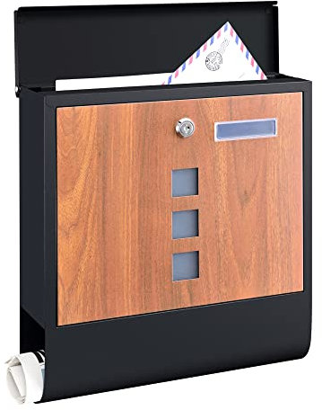 [en.casa] Boîte aux Lettres avec Porte-journaux Compartiment pour Journaux Courrier pour Montage au Mur Verrouillable Acier Galvanisé 34 x 31 x 10 cm Gris Anthracite Effet de Bois
