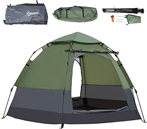 Outsunny Tente Pop up Tente de Camping 3-4 pers. Tente dôme étanche légère ventilée Facile à Monter 2 Grandes Portes dim. 2,6L x 2,6l x 1,5H m Fibre Verre Polyester Oxford Vert Gris