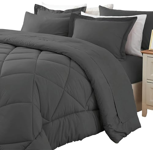 Sleepdown Bed in a Bag Twin Comforter Set with Sheets - 5 Piece, All Season Kids Twin Bedding Sets with Comforter Set for Girls and Boys, Flat Sheet, Fitted Sheet, Pillowcase & Sham (Dark Gray, Twin)