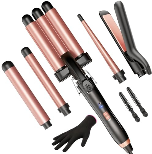 5 in 1 Wand Curling Iron-Kinked Curling Wand Set with Flat Iron Hair Straightener, 3 Barrels Hair Crimper, 3 Ceramic Curling Irons (0.35-1.25), 2 Temps Fast Heat Hair Waver Curler with Glove & Clip