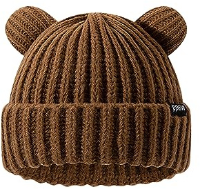 VPTMRP Bear Ear Big Cute Beanie Knit Cap Warm Slouchy Crochet Hat (Brown)