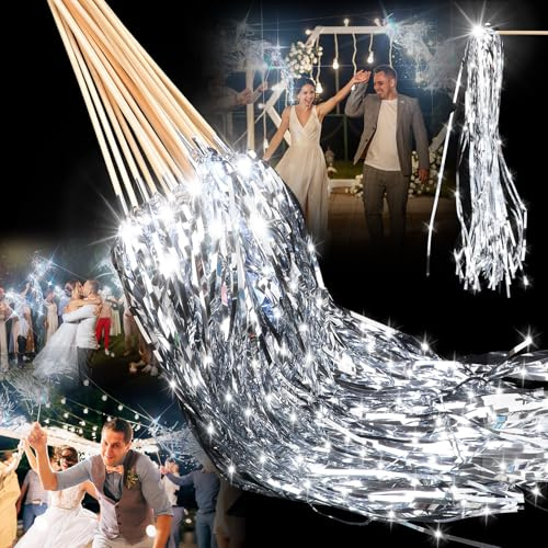 Simgoing 24 Pcs Lighted Wedding Wands LED Tinsel Wands Light up Streamers Sparklers for Wedding Send Off and Exits Birthday Party Props Favors(Silver Tinsel)