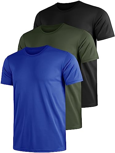UEEKO Lot De 3 T-Shirts De Sport à Manches Courtes pour Homme SéChage Rapide Respirant pour Le Fitness La Course à Pied Bleu/Vert Armée/Noir XL