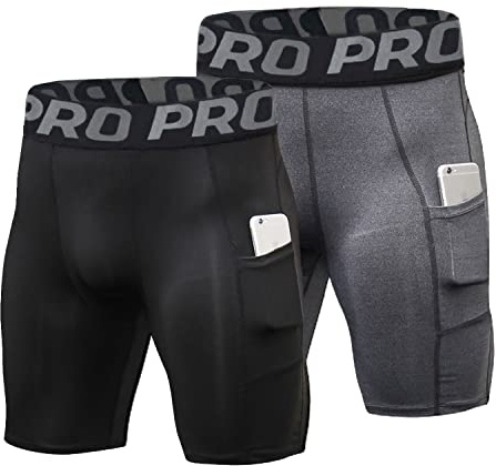 LNFINTDO Lot de 2 shorts de compression pour homme - Sous-vêtements fonctionnels - Short de sport - Short de course - Séchage rapide - Respirant - Avec poche pour téléphone portable, Noir et gris, M