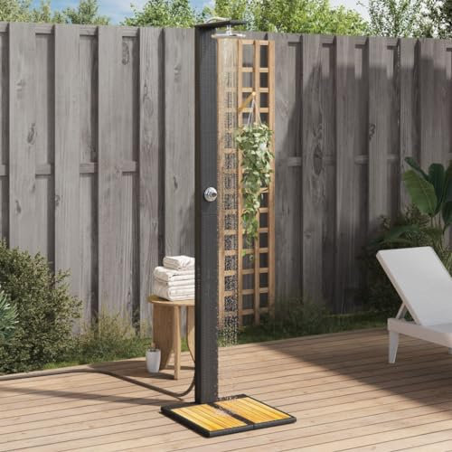 Sufrk Douche d'extérieur noire 50 x 55 x 224 cm en rotin et bois Acacia, douche de jardin, avec repose-pieds et pommeau de douche, rustique - douche extérieure, pour piscine, camping
