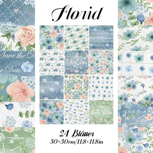 24 pièces de papier pour scrapbook fleuri, 30 cm x 30 cm, recto-verso, printemps, été, décoration artisanale, pour album de découpages, papier peint fleuri