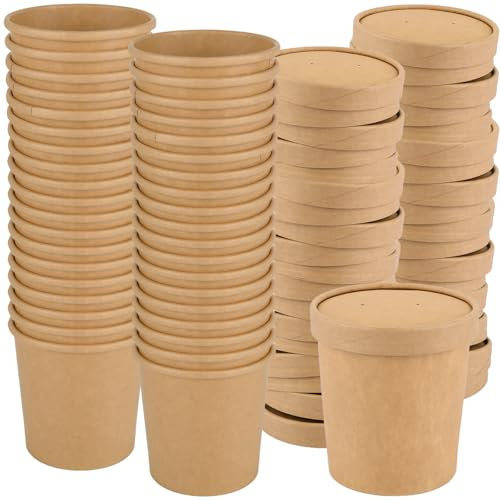 ZOFUN 50 vasos de papel kraft de cartón marrón, 480 ml, vasos de sopa para llevar con tapa marrón, vasos desechables para sopa de cartón, para ensaladas, helados, sopa, café