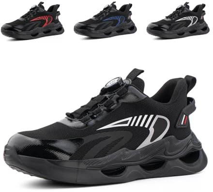 Loiston Sicherheitsschuhe Herren Arbeitsschuhe Damen Leicht Stahlkappenschuhe S3 S2 S1 Atmungsaktiv Schutzschuhe mit Drehknopf Schwarz Gr.43