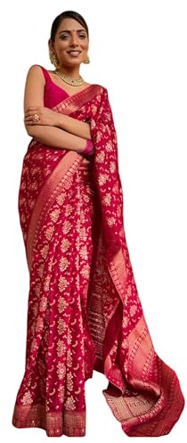 TRAFAART Sari Étnico Para Mujer Estilo Kanjivaram Indio Banarasi Jacquard Sari Con Blusa Sin Costuras Pieza-Rosa