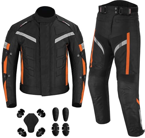 Vaster Moto 2-teiliger Motorradanzug, wasserdichte Motorradjacke und -hose, reflektierende Rennjacke für Herrenschutz (Orange, 5XL)