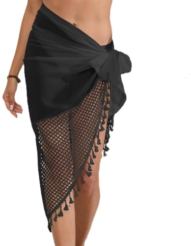 Ouruikia Sarong Pareo damer chiffong fransar strand linda bikini täcka upp urholkning multifunktionell strandkjol, svart, En Storlek