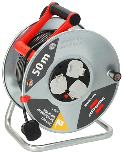 Brennenstuhl Garant Cable Reel 50m (Made in Germany, Extension Lead with 3 sockets and Thermal Cut-Out Protection, Rust-Proof Steel Reel Body, Ergonomic Handle)