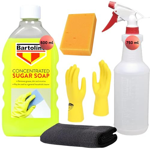 Sugar Soap Concentrate 500ml Multi Surface Cleaner – Bundle With Sponge, Spray Bottle, Microfibre Cloth and Latex Gloves | Removes Grease, Dirt and Grime from Walls, Tiles and Paintwork