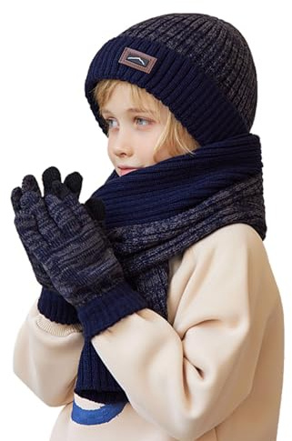 Gants d'hiver 2026 pour enfants de 4 à 10 ans avec bonnet, écharpe et trois pièces en laine tricotée chaude pour l'extérieur, bleu marine, Taille unique