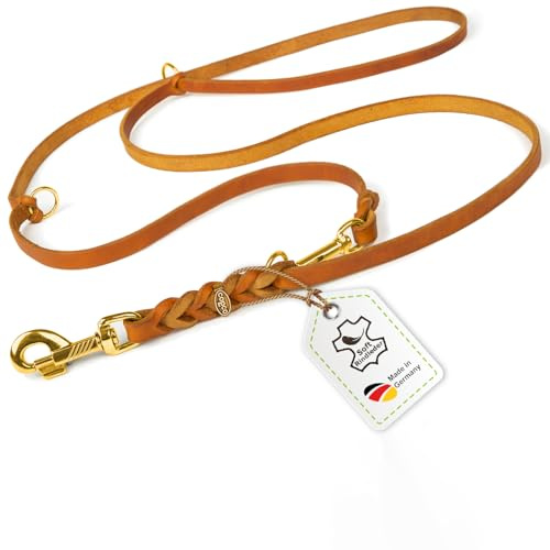 Hundeleine Leder 3m große Hunde Fettlederleine [3-Fach Verstellbar] Lederleine geflochten – robuste Leine Hund mit Messingbeschlägen, Führleine Hund & Freihandleine zum Umhängen, dog leash Cognac 20mm