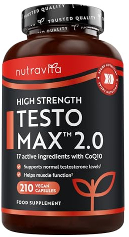 Nutravita TESTOMAX™ 2.0 für Männer - 210 vegane Kapseln - Ergänzung - enthält 17 aktive Inhaltsstoffe inkl. Ashwagandha KSM 66®, CoQ10, Maca-Wurze