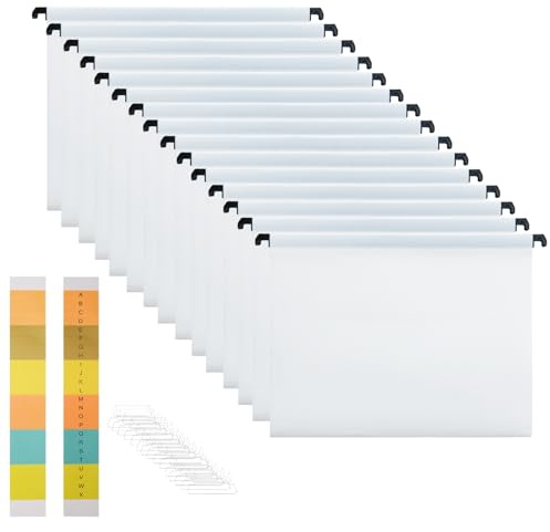 MerryNine Confezione da 15 Cartelle Sospese Formato A4, Cartelle Sospese in Polipropilene Bianco con Passanti e Inserti per Schede, Cartelle per Archivio in Plastica per Scuola, Casa, Ufficio e