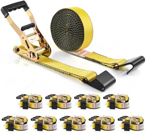 VEVOR Flat Hook Ratchet Straps (10PK), 10,000 lb Break Strength, 2 x 30' Heavy Duty Tie Down Straps, Track Spring Fittings, 3,333 Pound Working Load, for for Flatbed, Truck, Trailers Pickup