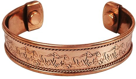 Touchstone Pulsera de cobre puro hecha a mano con hermosos relieves, curación tibetana forjada a mano, beneficios magnéticos, meditación, en tono natural para hombres y mujeres.