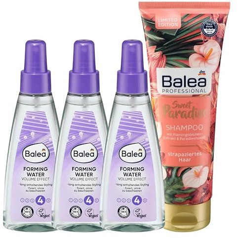 Balea 4er-Set Haarpflege: 3 x FORMING WATER VOLUME EFFECT für mehr Fülle & lang anhaltendes Styling ohne zu beschweren (3 x 150 ml) + Shampoo SWEET PARADISE für strapaziertes Haar (250 ml), 700 ml