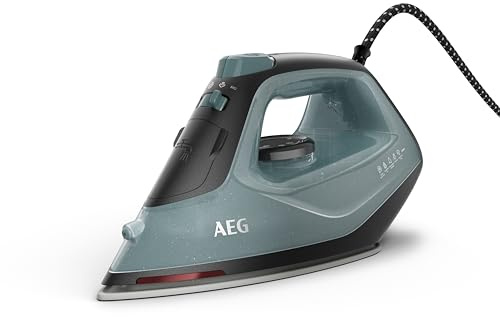 AEG Dampfbügeleisen, 2400 W, Variabler Vertikaldampfstoß, Feinspray, 24% Recyclingkunststoff, Restwärmeanzeige, 2 m Kabel, 180° Drehbar, Anti-Kalksystem, Keramikbügelsohle, Grüngrau, SI5-2-6OG