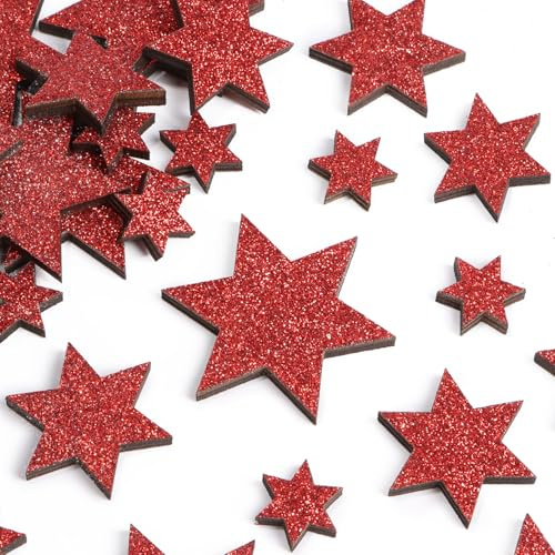 36 Stück 3 Größen Holzsterne Streudeko Glitzer Sterne aus Holz Basteln Konfetti Dekoration Tisch Deko Ideal als Weihnachtsdeko Tischdeko Weihnachten Jubiläum Hochzeit Geburtstag Party (Rot 6 Eckig)