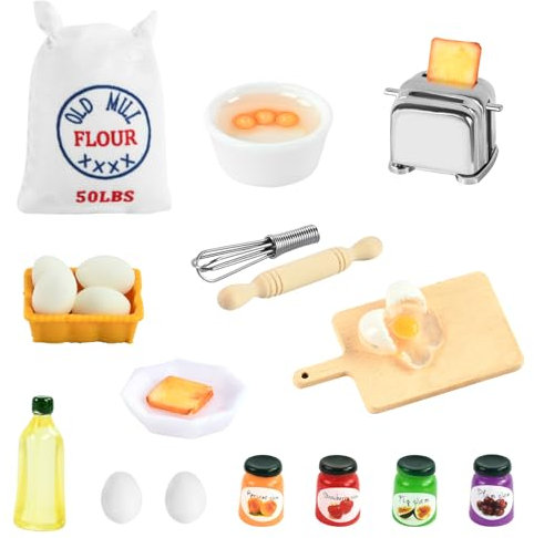 Cocina en Miniatura Set, 22 Piezas Accesorios Miniaturas para Casa de Muñecas, Utensilios Cocina Juguete con Tostadora Atasco Harina, 1:12 Muebles de Casa de Muñecas