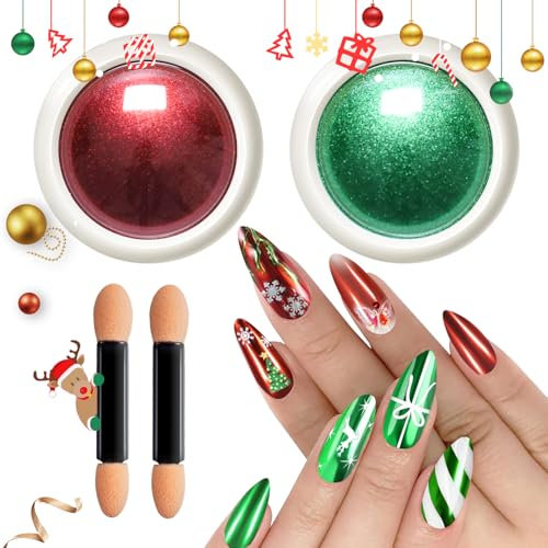 BISHENGYF Chrome Nail Powder- Spiegel Effekt 2 Farben Chrome Nagel Pulver Red Green, Mirror Glazed Cromepulver Nägel Puder Metallic Glitter Nail Chrome Powder Chrome Pigment Pulver für Nägel