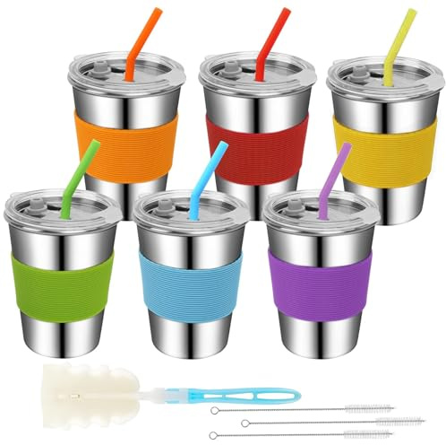 Hikrxya 6 Pack Kids Stainless Steel Cups with Straws and Lids, 12oz Spill Proof Unbreakable Iced Coffee Cup, Reusable Kids Drinking Cup Travel Mug for Child Adult Outdoor