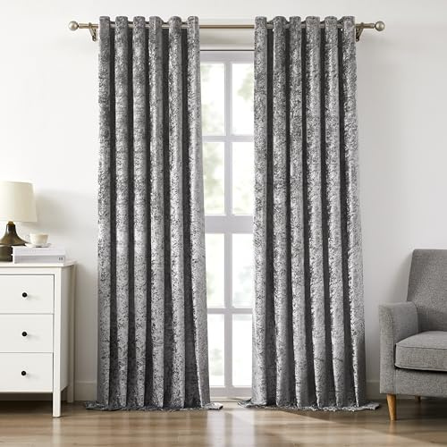 Bujasso Charcoal Full Blackout Curtains 90 inch Eyelet Crushed Velvet with Blackout Lining Drapes for Living Room Bedroom Thermal Insulated Room Darkening Curtains 2 Panels Grommet Top W90xL90