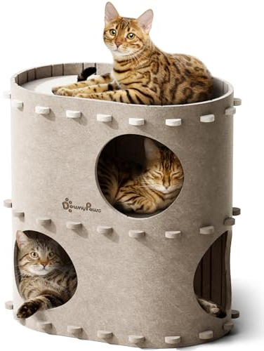 DownyPaws Cuccia per Gatti in Pelliccia, Letto a 2 Piani Casetta per Gatti 50x33x50 cm, Castello per Giocare, Design Accogliente, Protezione per le Unghie, Beige