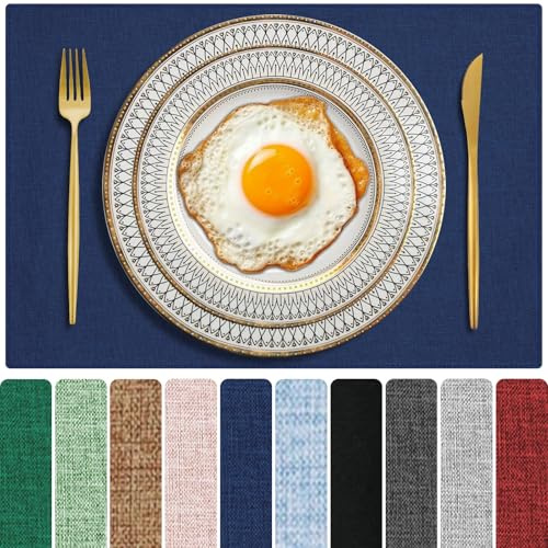 Cloth Placemats Set of 4, Cotton Linen Blend Machine Washable Double Layered Place Mats, Heat Resistant Placemats Wrinkle Free Thick Fabric Dining Table Mats for Indoors & Outdoors (Navy Blue, 4)