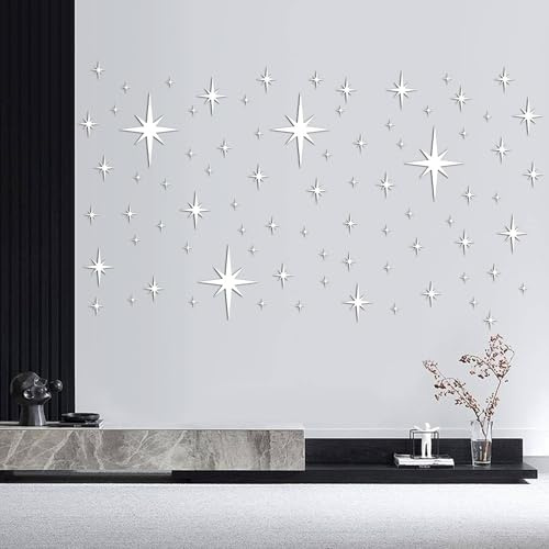 Celtrum 164 Pcs Star Mirror Wall Stickers, Removable Acrylic 3D Mirror Stickers, Self-Adhesive Wall Decoration for Living Room Kitchen Bedroom Office