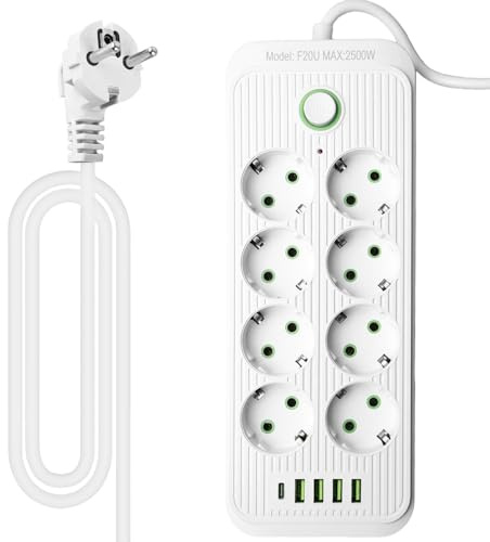 Steckdosenleiste Einzeln Schaltbar, 13-in-1, 8-Fach Mehrfachsteckdose mit 4 USB-A und 1 Type-C, Steckdosenverteiler mehrfachstecker Steckdosenleiste üiberspannungsschutz für Heim Büro (Weiß)