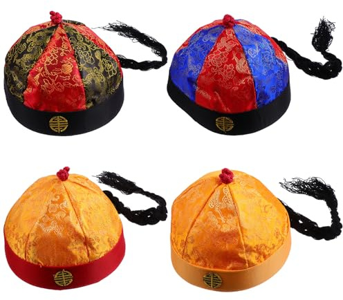 UKCOCO 4 Cappelli Cosplay Cappello Dell'imperatore Cinese con Trecce Vintage per Costumi Tradizionali, Accessori per Spettacoli, Feste a Tema e Mascherate