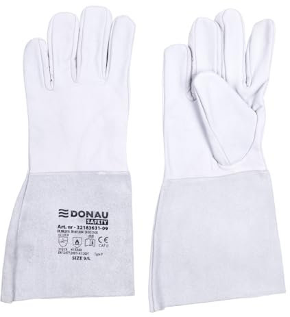 DONAU SAFETY Gants de soudeur en cuir pleine fleur de chèvre pour soudage TIG - Taille 11-1 paire - Doux et agréables - Gants de travail en cuir - Gants de protection - Blanc/gris