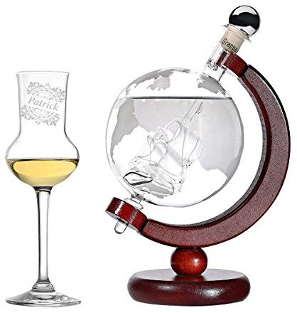Grappa Set personnalisé - Carte du Monde Bouteille et Globe Bateau rempli 500 Grappa - Grappa Verre Grappa Tasse de 87ml - Coffret Cadeau avec Gravure - Design: Boussole Vintage