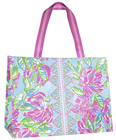 Lilly Pulitzer Pink/Green XL Market Shopper Bag, Oversize Reusable Grocery Tote with Comfortable Shoulder Straps, Totally Blossom