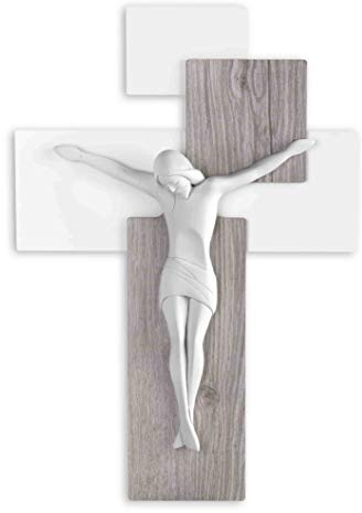MAZZOLA LUCE Crocifisso da Parete Moderno Contemporaneo 42x30cm Elevata qualità Croce Rovere Cristo marmorino Pronto da Appendere