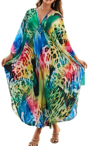 LikeJump Bohemisk v-ringad kimono maxi baddräkter kaftan bikini täckande sommar strandklänning toppar, gulblå, one size