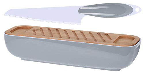 WELL HOME MOBILAIRIO & DECORACIÓN Panera de Bambú con Cuchillo, Diseño Bicolor y Funda de Color 40x12,5x8,5cm