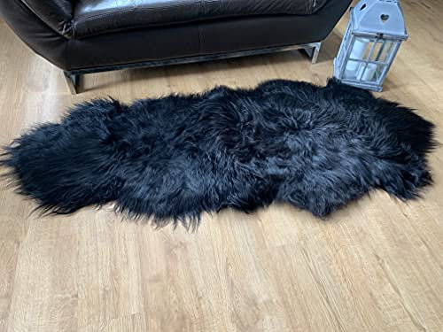 Sheepmania Island Doppel Lammfell Echt Ungeschoren - Dichtes Langhaar Schaffell Echt bis 10 cm - Teppich Decke Kamin Lammfelldecke Kinderwagen - Schwarz