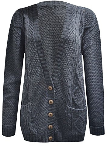 Purple Hanger New Women’s Ladies Long Sleeve Button, Front Pocket Chunky Aran Cable Knit Grandad Cardigan, Sweater Plus Size 8-26 (UK, Numeric, 12, 14, Regular, Regular, Dark Grey)