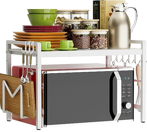 devesanter Scaffale espandibile per forno a microonde a 2 livelli, con 6 ganci, per piano di lavoro, allungabile da 40 a 64 cm, bianco